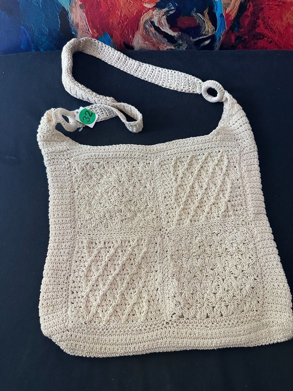 No.32 Vintage Cream Crochet Shoulder Bag with Macrame Pattern and Ring Detail